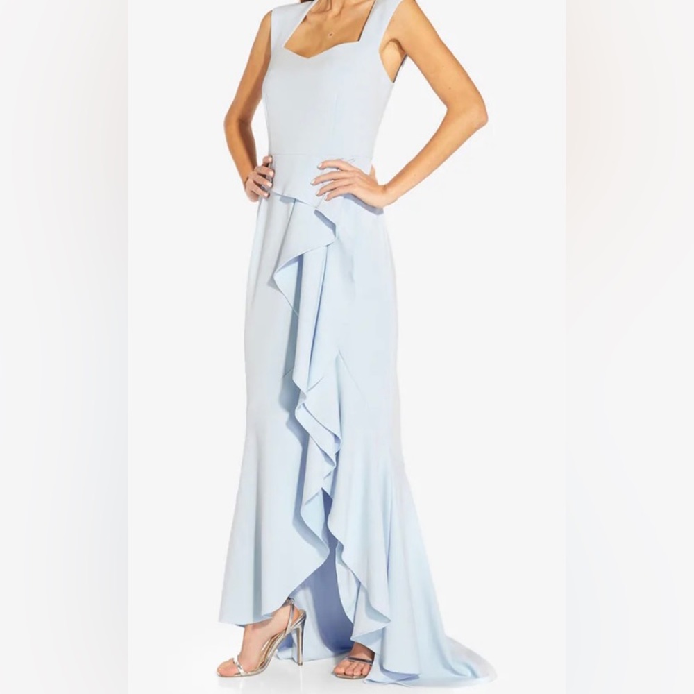 Adrianna Papell Crepe Cascade Long Gown in Opal.